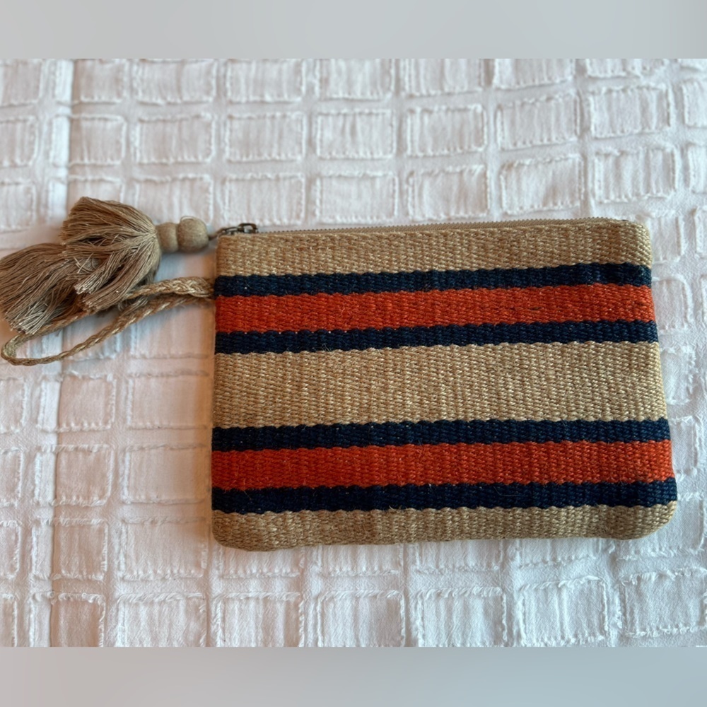 J Jill Jute Zippered Wristlet Mini Bag Pouch with Tassle